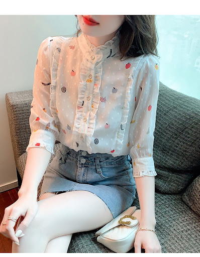Title 8, Womens Fashion Stand Collar Ruffle White Shirt...