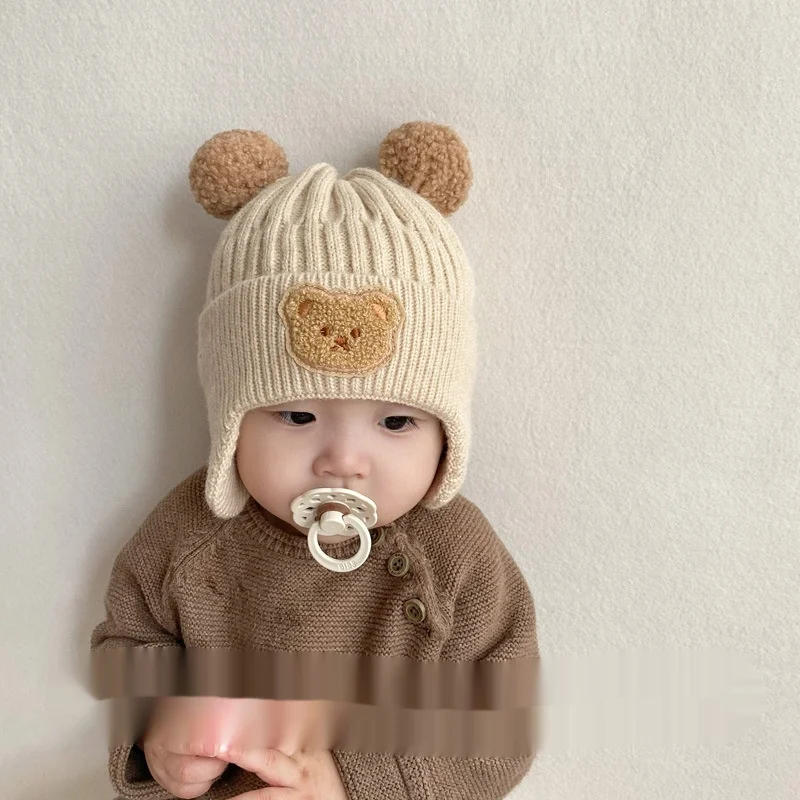 Schattige wollen baby muts met beren oren, houdt de oren warm en ziet er schattig uit, ideaal voor koude dagen, beschermt tegen wind en kou.