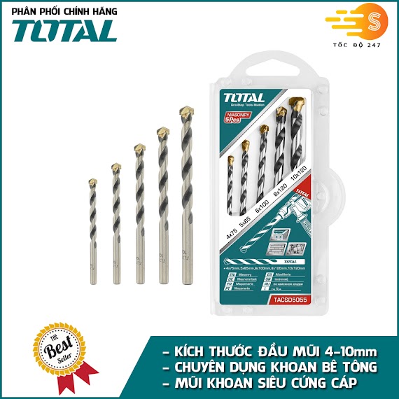 Bộ Mũi Khoan Bê Tông Đuôi Trơn 5 Chi Tiết Đầu 4 - 10Mm Total Tacsd5055 - Độ Cứng Siêu Cao, Chịu Lực Tốt, Đa Dụng