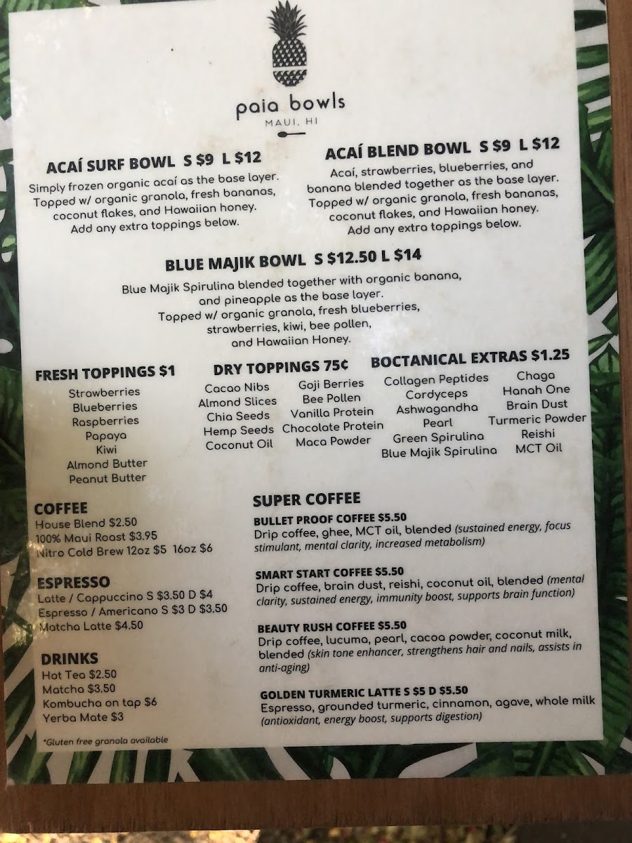 Paia Bowls gluten-free menu