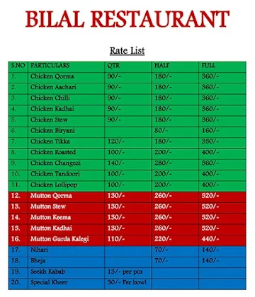 Bilal Dhaba menu 