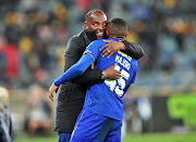 Benni McCarthy, coach of Cape Town City and Lehlohonolo Majoro of Cape Town City during the 2017 MTN8 football match between Cape Town City and Supersport United at Moses Mabhida Stadium, Durban on 14 October 2017.