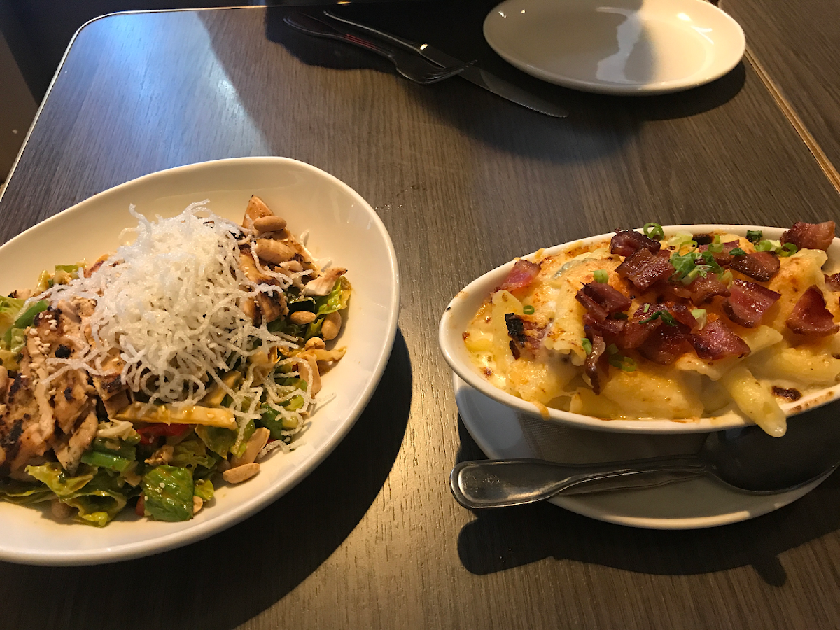 GF Mac N Cheese with Bacon
Asian Chicken Salad
 
And an empty plate of pot stickers