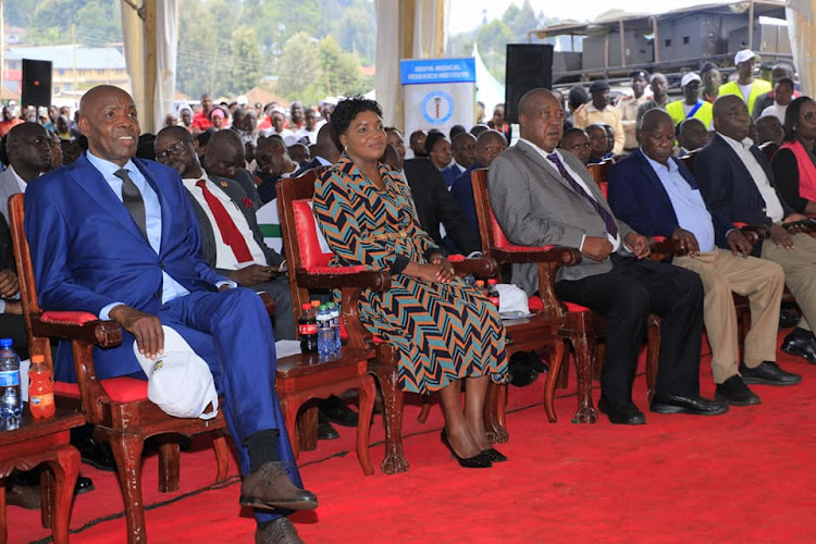 Education CS Ezekiel Machogu, Health CS Susan Nakhumincha, Governor Amos Nyaribo, DG James Gesami and North Mugirango MP Joash Nyamoko during the World Malaria Day celebrations at Ekerenyo stadium in Nyamira on Tuesday, April 25, 2023.