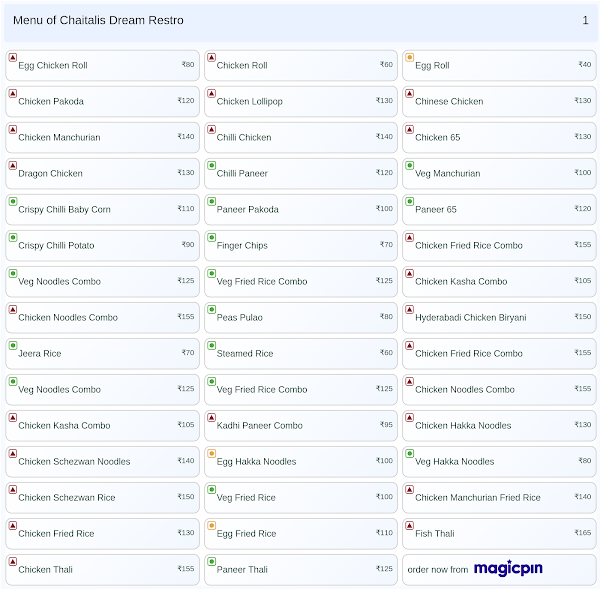 Chaitalis Dream Restro menu 