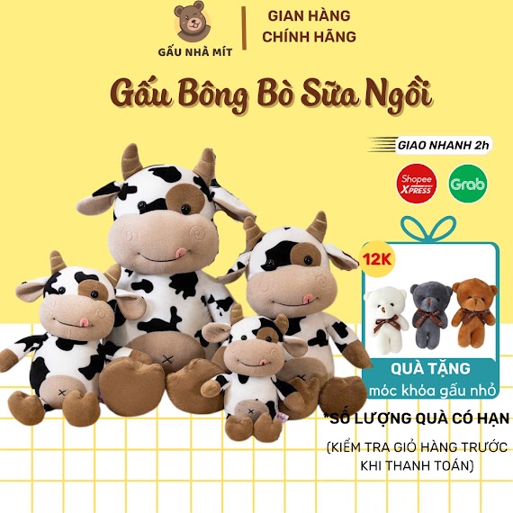 Gấu Bông Bò Sữa Ngồi, Gối Ôm Bò Sữa Ngồi Nhồi Bông Vải Miniso Mềm Mịn