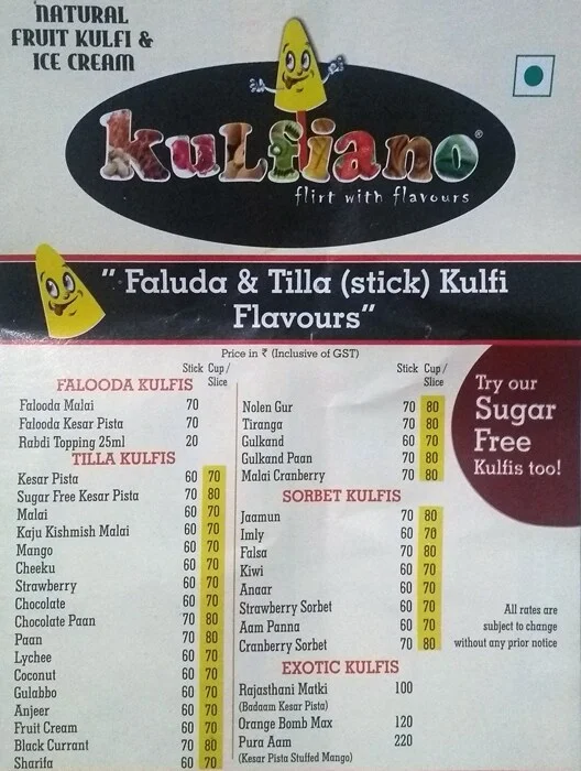 Kulfiano menu 