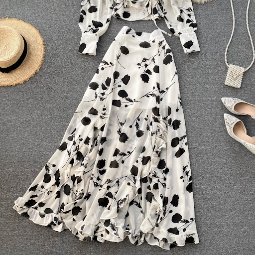 Title 12, Printed Short Chiffon Shirt with Split Half Ski...