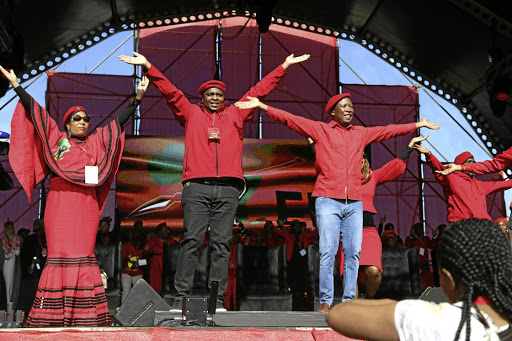 Hlengiwe Hlophe-Maxon, Floyd Shivambu and Julius Malema celebrate the EFF's fifth birthday in the Eastern Cape at the weekend.