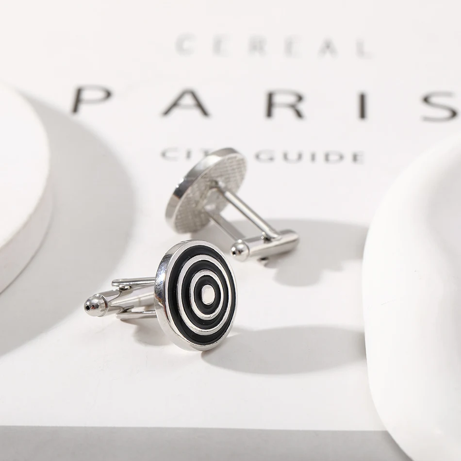 Boutons de manchette géométriques ronds européens et américains avec pierre noire, accessoire élégant pour chemises et costumes, un cadeau parfait.