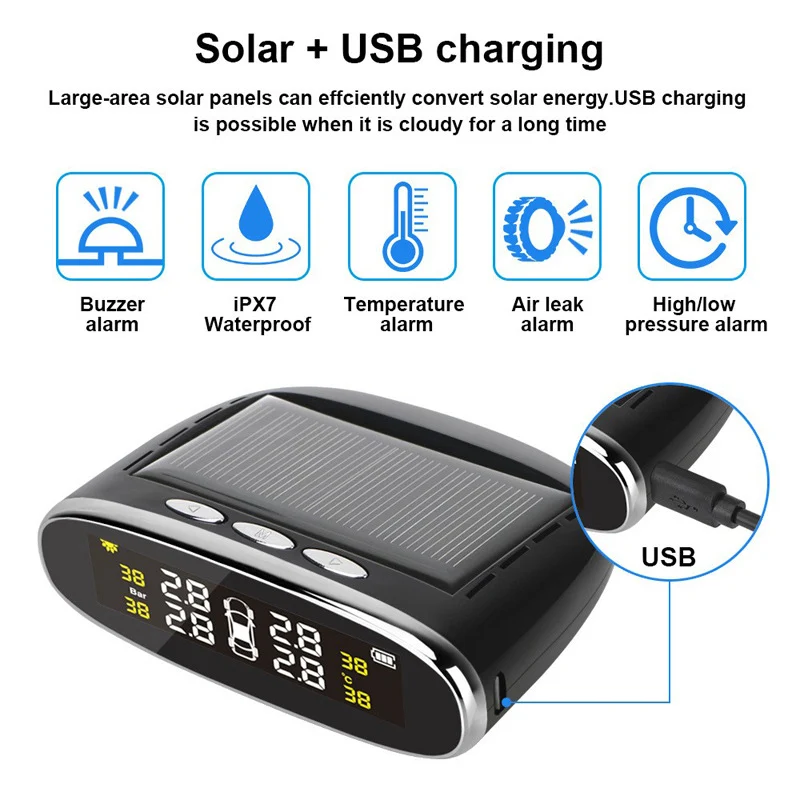 Monitoraggio Pressione Pneumatici Ellittico con Display, Ricarica Solare USB, Sensori Interni ed Esterni, Guida Sicura ed Efficiente.