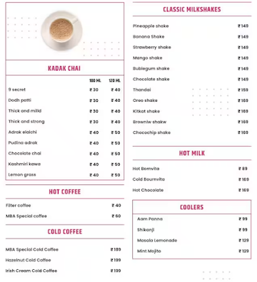 MBA Chaiwala menu 