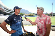 Dale Steyn is interviewed by Journalist Telford Vice during the Multiply Titans training session at PPC Newlands on December 07, 2017 in Cape Town, South Africa. 