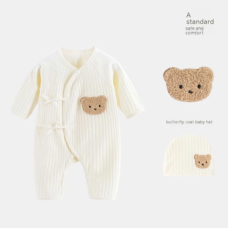 Macacão de urso fashion em algodão puro, ideal para bebês e crianças pequenas, confortável e respirável, perfeito para brincar e dormir.