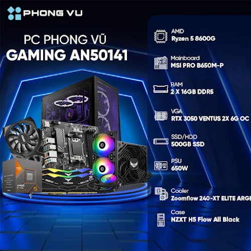 Máy tính để bàn/PC Phong Vũ Gaming AN50141(AMD Ryzen 5 8600G/2x16GB/500GB SSD/Nvidia GeForce RTX 3050/Free DOS)