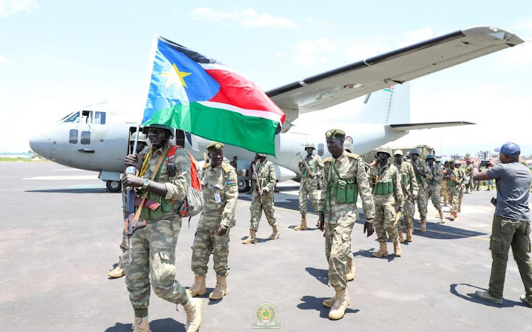 South Sudan People's Defence Forces troops at Juba International Airport.