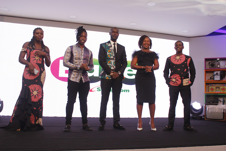 Cartoon comedian, Flaqo, King Kaka, Safaricom's Silvia Mulinge and Kenny Kennar during the launch.