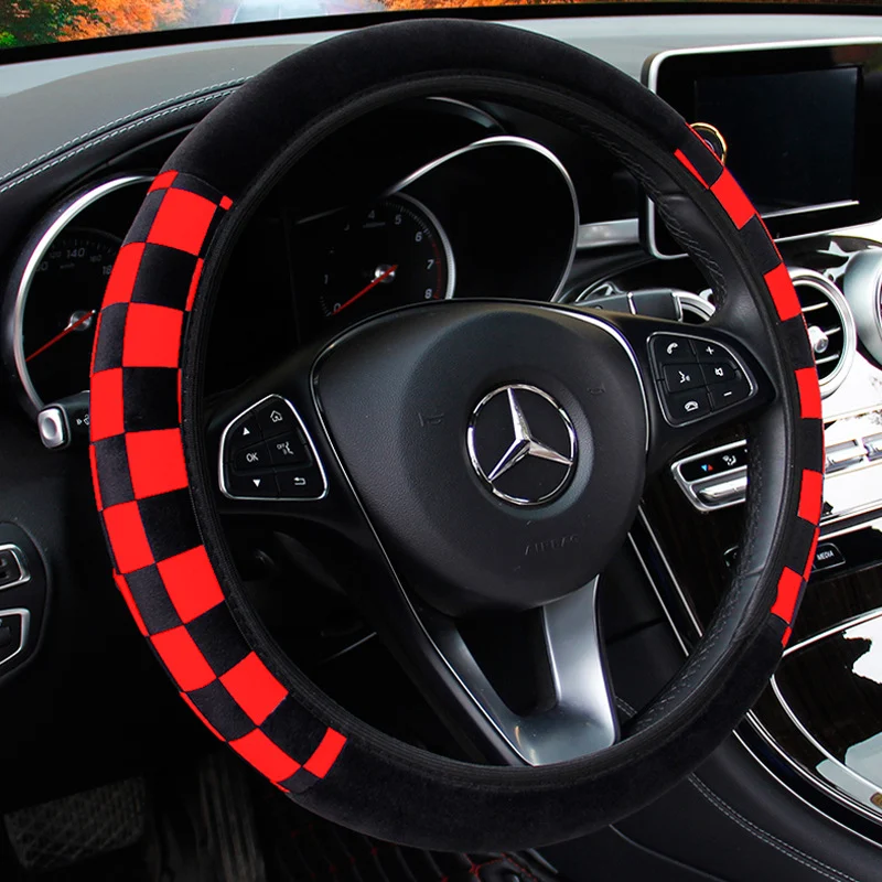 Black and White Plaid Plush Car Steering Wheel Cover Enhance your driving experience with added comfort and style Improv
