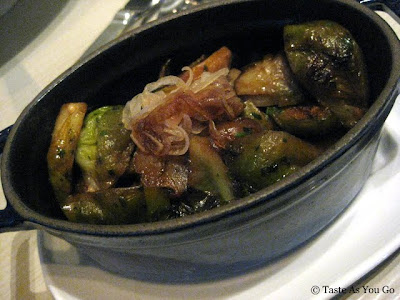 Roasted Chestnut and Brussel Sprout Ragout with Bacon and Pear at New York Central in New York, NY - Photo by Taste As You Go