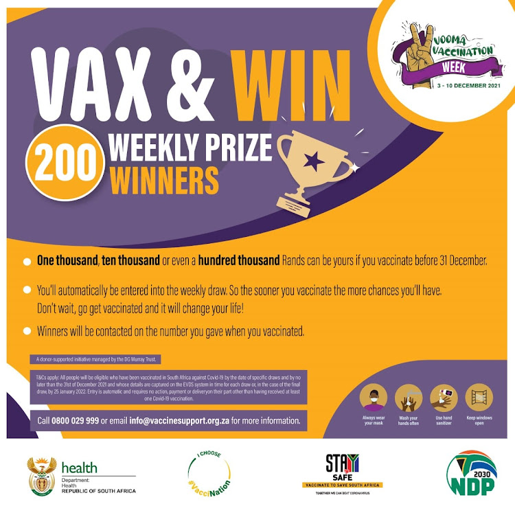 Weekly draws in SA are offering cash prizes as a Covid-19 vaccination incentive.