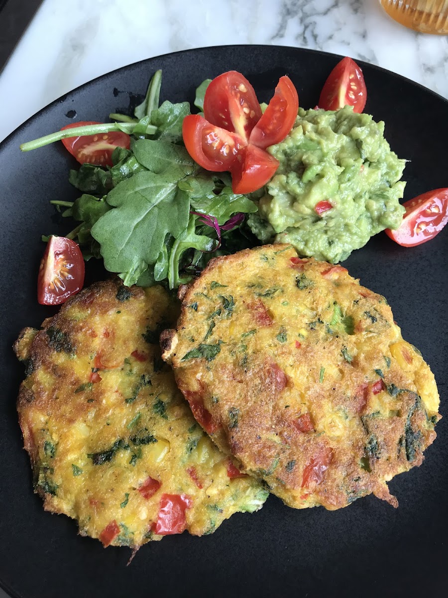 Sweet corn red pepper pancakes. Good but least favorite dish.