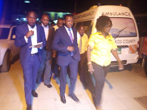 Machakos Governor Alfred Mutua arriving at the Machakos Level five hospital where the two diplomats are being treated. /COURTESY