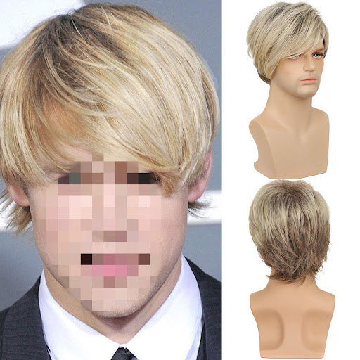 Title 1, Mens Short Hair Wig Brown Gold Partial Bangs. ...