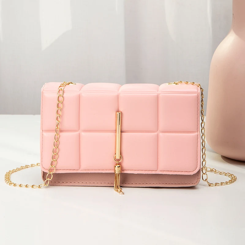 Bolso Cuadrado Pequeño en Relieve a Cuadros con Borla y Cadena Grande para Teléfono Móvil Color Sólido Elegante y Funcional