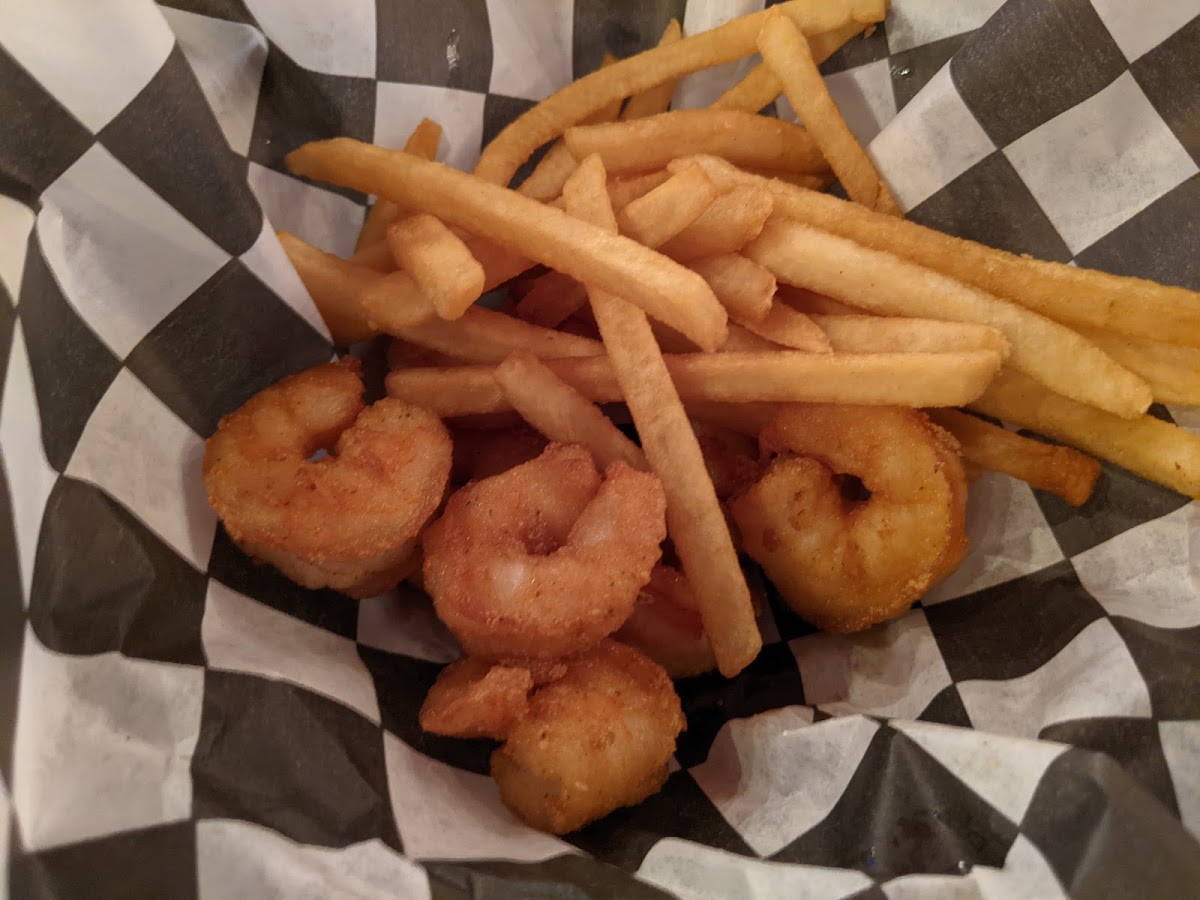 GF breaded shrimp and fries in dedicated fryer