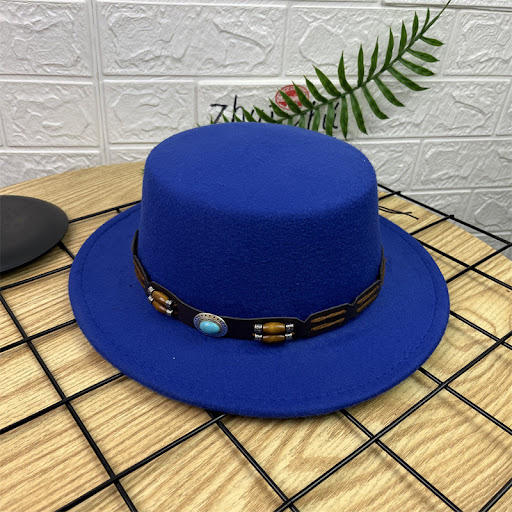 Title 4, British Retro Woolen Wide Brim Flat Top Hat. St...