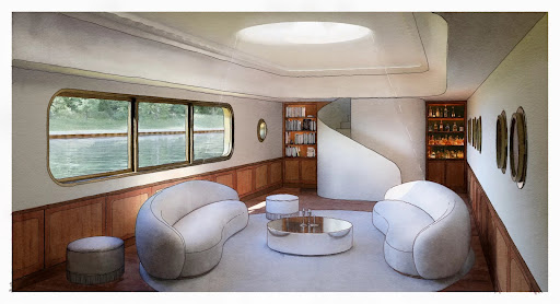 Modern living room with water view in this luxury houseboat for sale in Levallois-Perret ($887,519 - 210 m²)