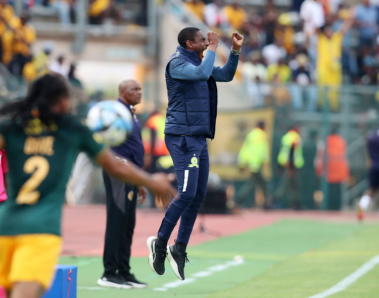 Mamelodi Sundowns coach Rulani Mokwena celebrates at the final whistle of their 2-1 MTN8 semifinal second leg win over Kaizer Chiefs the Lucas Moripe Stadium.