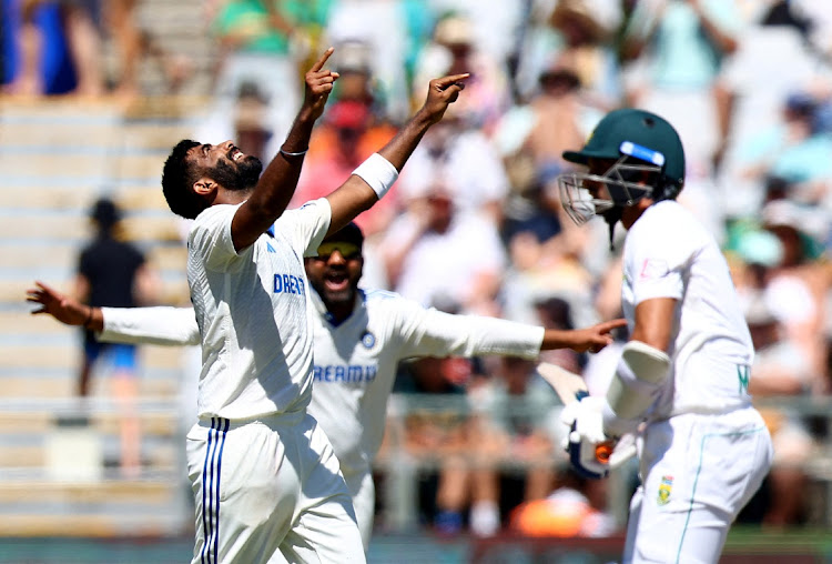 India's Jasprit Bumrah celebrates taking the wicket of South Africa's Keshav Maharaj on day two of the second Test at Newlands on Thursday.