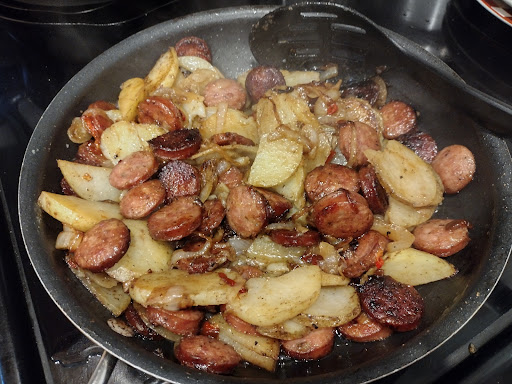 Sauteed sausage, potatoes and onions.