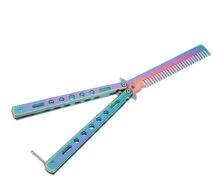 Nieuwe Butterfly Training Tool Kleur Titanium Comb. Verbeter je flipping vaardigheden en oefen veilig met deze trainingskam.