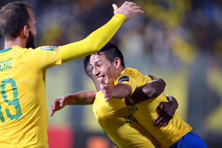 Gaston Sirino and Sibusiso Vilakazi of Mamelodi Sundowns celebrates his goal during the CAF Champions League match between Mamelodi Sundowns and AS Togo-Port at Lucas Moripe Stadium on July 27, 2018 in Pretoria, South Africa.