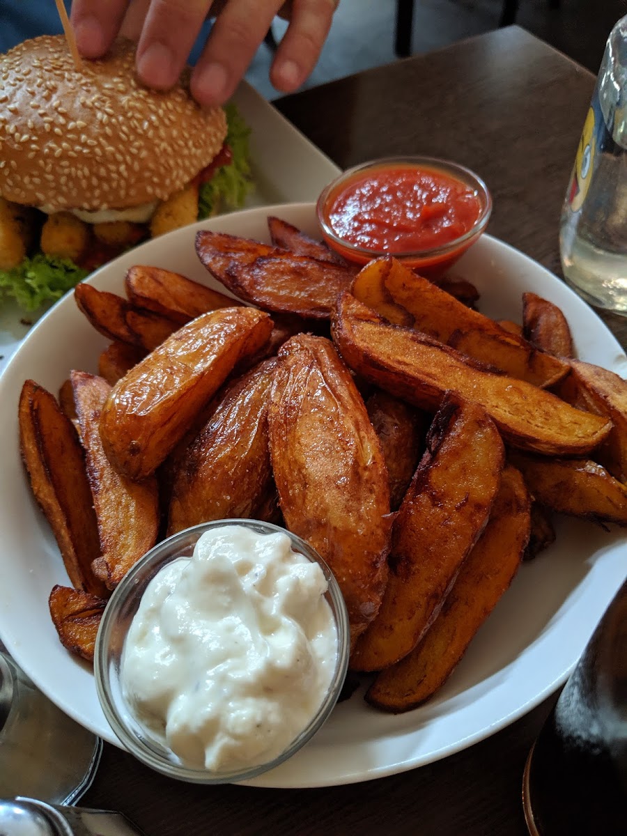 Potato wedges with homemade ketchup and homemade mayonnaise