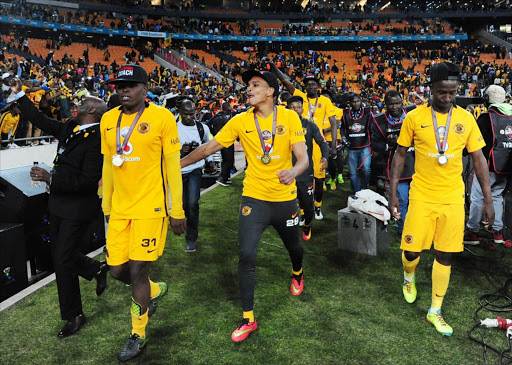 Willard Katsande,Ryan Moon and William Twala of Kaizer Chiefs celebrating with fans during the 2016 Carling Black Label Champions Cup game between Kaizer Chiefs and Orlando Pirates at FNB Stadium, Johannesburg on 30 July 2016 ©Aubrey Kgakatsi/BackpagePix