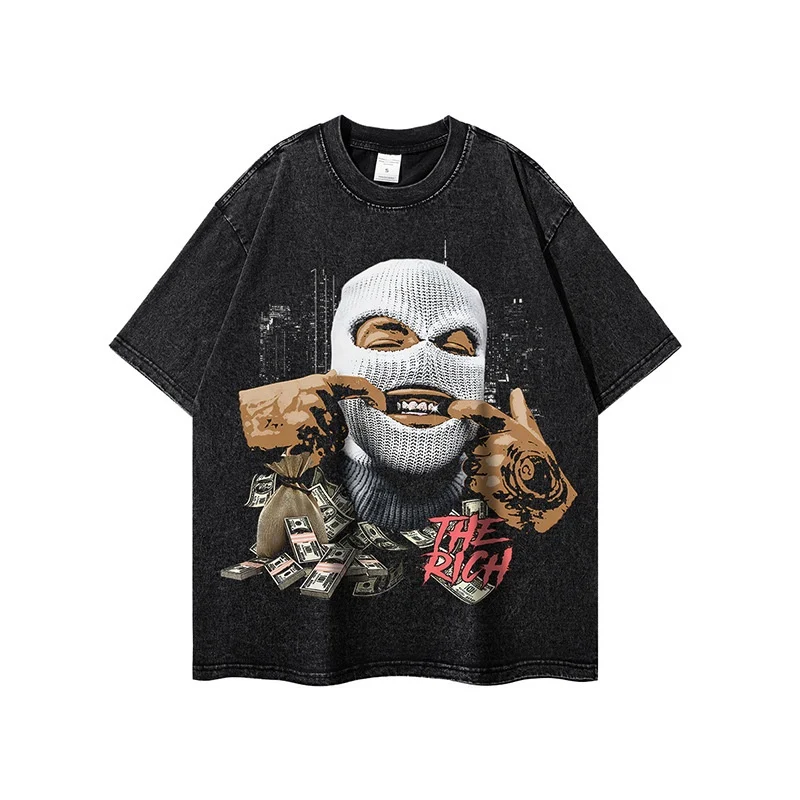 Camiseta de hombre con impresión digital de pintura al óleo retro americana, desgastada y lavada, manga corta, estilo spoof.