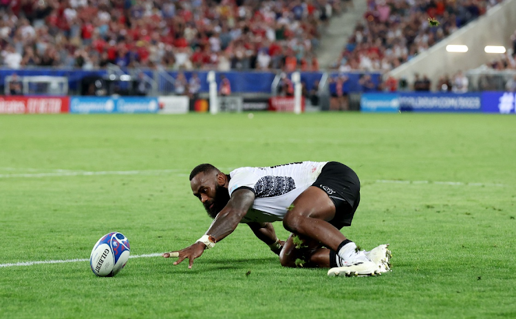 Semi Radradra of Fiji drops the ball, spurning a try,in the final seconds during the 2023 Rugby World Cup match against Wales at Nouveau Stade de Bordeaux on Sunday.