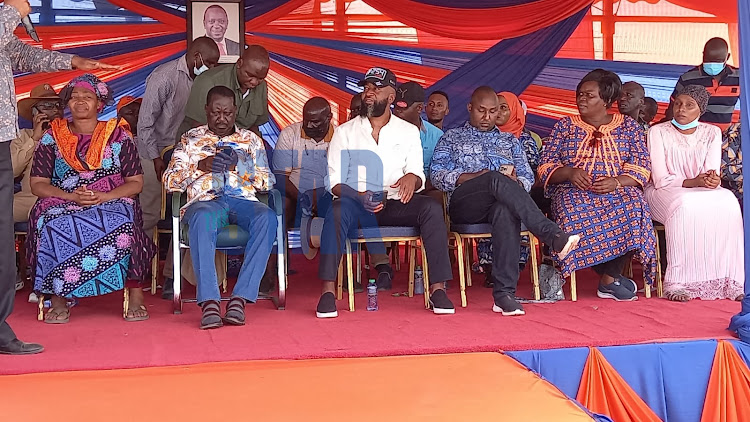 ODM leader Raila Odinga, Mombasa Governor Hassan Joho, Suna East MP Junet Mohammed at Mwagulu in Lunga-Lunga on February 21.