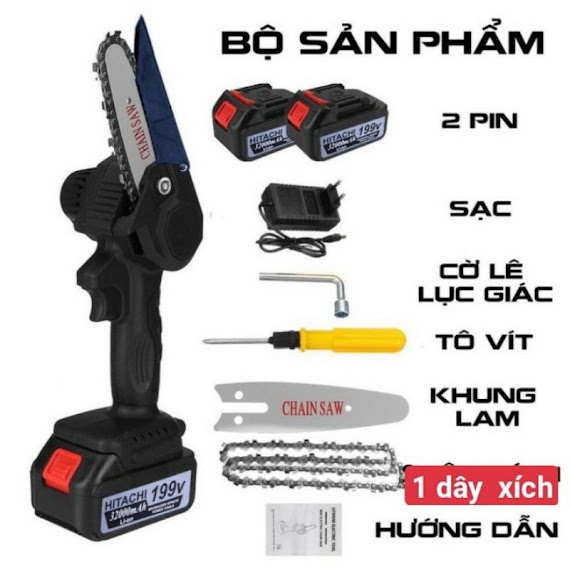 Máy Cưa Xích Dùng Pin Cầm Tay Hitachi 199V - Máy Cưa Xíchhitachi - Cưa Xích Chạy Pịn - Pin10Cell - Lõi Đồng - Bh12 Thángtay