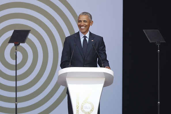 Former US President Barack Obama speaking at the 2018 Nelson Mandela Annual Lecture at the Wanderers cricket stadium in Johannesburg.