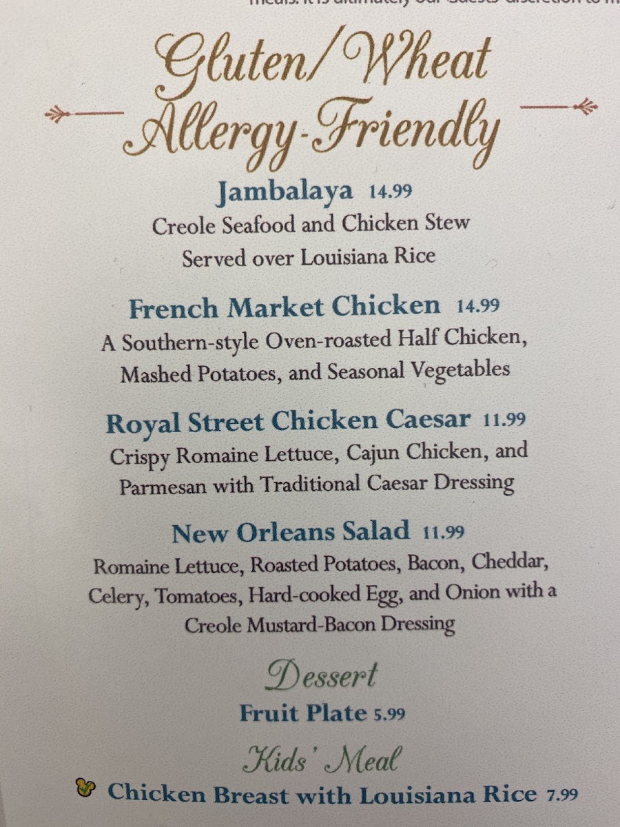 Gluten-free menu as of Jan 2020