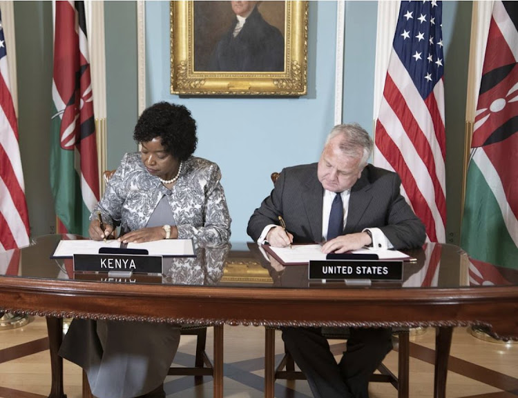 Foreign Affairs Cabinet Secretary Monica Juma with John Sullivan, Deputy Secretary of State, USA as they signed the Bilateral Strategic Dialogue framework today at the State Department in Washington DC on May 7, 2019.