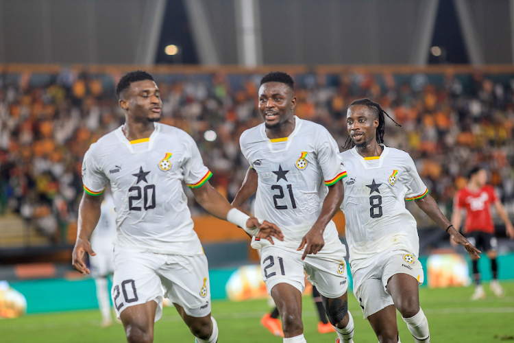 Mohammed Kudus of Ghana celebrates goal with teammates during the 2023 Africa Cup of Nations match against Egypt at Felix Houphouet Boigny Stadium in Abidjan, Ivory Coast on January 18 2024.