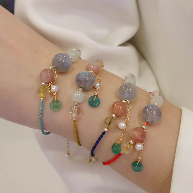 Brazalete de la suerte Duobao para mujer con hilo de muñeca, piedra lunar natural y jade Hetian, para atraer prosperidad y buena fortuna.