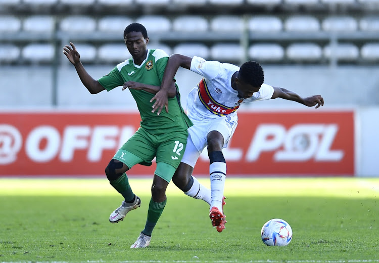 Wonderboy Makhubu of University of Pretoria and Azola Ntsabo of Cape Town All Stars during the PSL Promotion Playoff match between Cape Town All Stars and University of Pretoria at Athlone Stadium on May 29, 2022 in Cape Town.