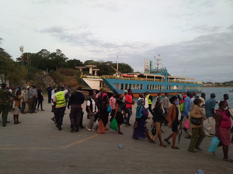 The MV Safari near the Likoni ferry crossing island ramp on Tuesday after it was hit by the MV Kwale.