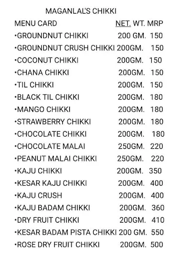 Maganlal's Chikki & Fudge menu 